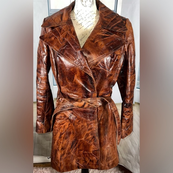 Imperial Jackets & Blazers - VINTAGE IMPERIAL 1970s WOMEN’S BROWN PATCH LEATHER TRENCH COAT & BELT SIZE 12